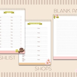 May include: Printable checklist with pink and green floral accents. The checklist is divided into three sections: Wishlist, Favorite Shops, and a blank page. Each section has a lined area for writing.
