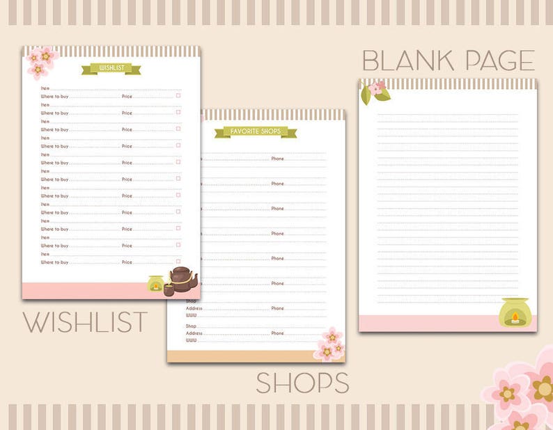 May include: Printable checklist with pink and green floral accents. The checklist is divided into three sections: Wishlist, Favorite Shops, and a blank page. Each section has a lined area for writing.