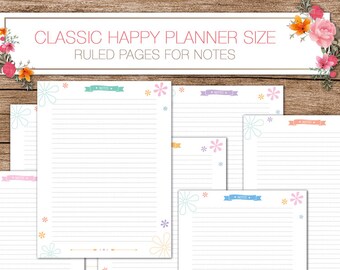 Happy planner printable planner inserts -  PDF 7 x 9.25 Classic Happy Planner - ruled pages for notes