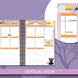 Puede incluir: Un planificador semanal vertical con tem&aacute;tica de Halloween. El planificador tiene una encuadernaci&oacute;n en espiral en blanco y negro y presenta un fantasma, un sombrero de bruja, un gato negro y un murci&eacute;lago. El planificador tiene un dise&ntilde;o de cuadr&iacute;cula con l&iacute;neas naranjas y blancas. El planificador mide 3,8 cm de ancho y 4,6 cm de alto.