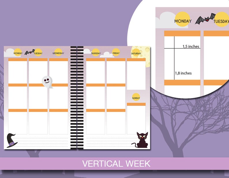 Puede incluir: Un planificador semanal vertical con tem&aacute;tica de Halloween. El planificador tiene una encuadernaci&oacute;n en espiral en blanco y negro y presenta un fantasma, un sombrero de bruja, un gato negro y un murci&eacute;lago. El planificador tiene un dise&ntilde;o de cuadr&iacute;cula con l&iacute;neas naranjas y blancas. El planificador mide 3,8 cm de ancho y 4,6 cm de alto.