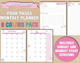 Happy Planner printable Monthly planner month at glance calendar to do list notes sunday start monday start undated mambi Instant download