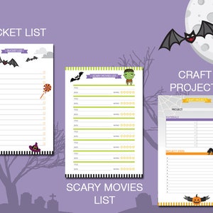 Puede incluir: Tres listas de verificaci&oacute;n imprimibles con tem&aacute;tica de Halloween con lindas ilustraciones. La primera lista de verificaci&oacute;n se titula "Bucket List" y presenta un fantasma, una escoba de bruja, un bast&oacute;n de caramelo y un sombrero de bruja. La segunda lista de verificaci&oacute;n se titula "Scary Movies List" y presenta un monstruo de Frankenstein. La tercera lista de verificaci&oacute;n se titula "Craft Projects" y presenta un gato negro, una calabaza y una escoba de bruja.