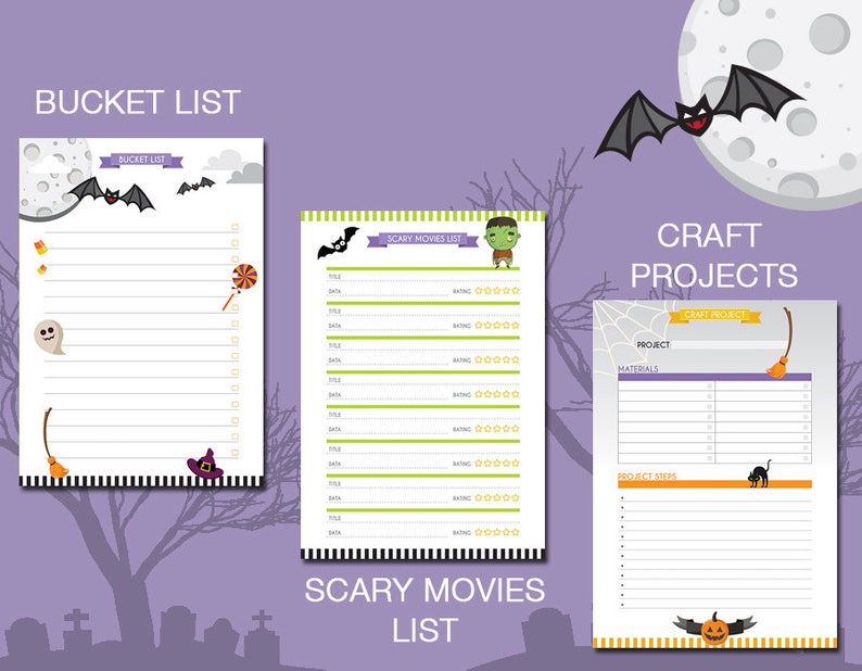 Puede incluir: Tres listas de verificaci&oacute;n imprimibles con tem&aacute;tica de Halloween con lindas ilustraciones. La primera lista de verificaci&oacute;n se titula "Bucket List" y presenta un fantasma, una escoba de bruja, un bast&oacute;n de caramelo y un sombrero de bruja. La segunda lista de verificaci&oacute;n se titula "Scary Movies List" y presenta un monstruo de Frankenstein. La tercera lista de verificaci&oacute;n se titula "Craft Projects" y presenta un gato negro, una calabaza y una escoba de bruja.