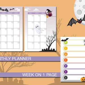 Puede incluir: Un planificador mensual y un planificador semanal imprimibles con tem&aacute;tica de Halloween. El planificador mensual tiene un gato negro y un murci&eacute;lago, y el planificador semanal tiene un fantasma, un b&uacute;ho y una ara&ntilde;a. El texto "PLANIFICADOR MENSUAL" y "SEMANA EN 1 P&Aacute;GINA" est&aacute; impreso en la p&aacute;gina.