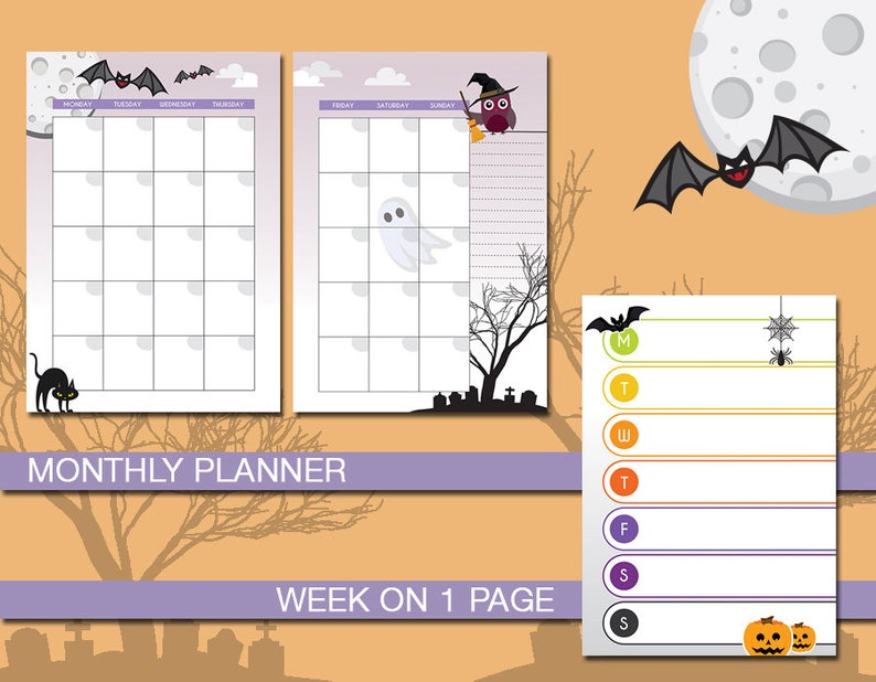 Puede incluir: Un planificador mensual y un planificador semanal imprimibles con tem&aacute;tica de Halloween. El planificador mensual tiene un gato negro y un murci&eacute;lago, y el planificador semanal tiene un fantasma, un b&uacute;ho y una ara&ntilde;a. El texto "PLANIFICADOR MENSUAL" y "SEMANA EN 1 P&Aacute;GINA" est&aacute; impreso en la p&aacute;gina.