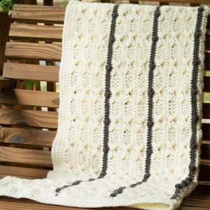 Cream Crocheted Blanket: Non Wool Afghan, Brown Striped & Bobbles