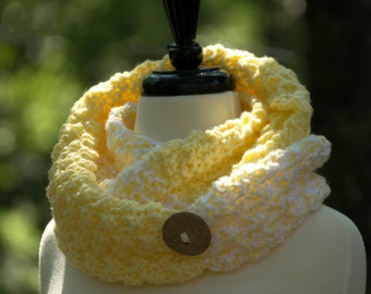 Yellow Cowl with Button Detail- Non Wool, Crocheted Infinity Scarf in Buttercup and White - Winter Mobius Shawl - Vegan Friendly Fall Gift