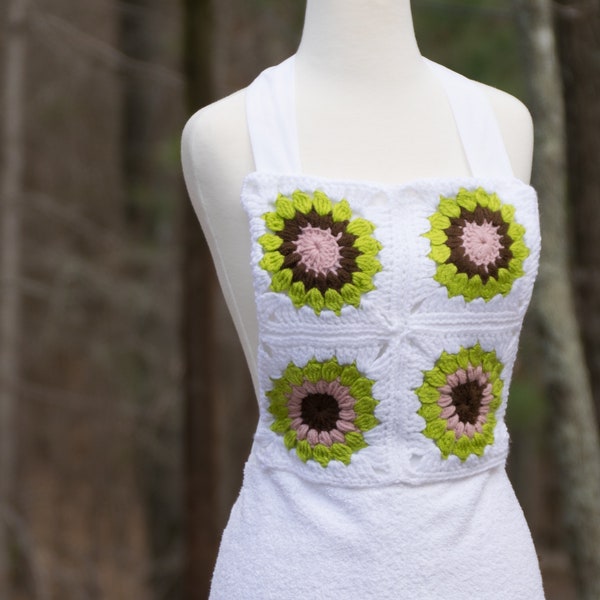 Reversible Granny Squares Apron with Towel Skirt in White and Lime Green - Crocheted Pinafore with Ties - Dinner Hostess Apron Gift for Her