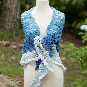 Blue Crochet Shawl, Lightweight Non Wool Wrap in Blue Ombre, Women&#39;s Winter Gift