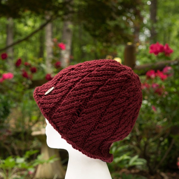 Satin Lined Cloche for Frizz Free Hair,  Hand Knit Winter Bucket Hat in Burgundy, Curly Hair Gift