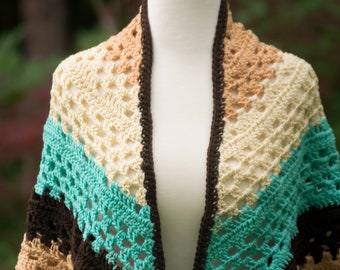 Crocheted Shawl in Brown Turquoise and Cream - Medium Weight Winter Wrap Gift