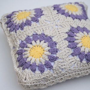 Square Cushion Cover in Purple & Yellow: Cotton Crocheted Pillow Case Only