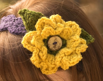 Large Crochet Flower with Button Hole or Brooch Pin - Removable 3D Hat Flower with Green Stalks or Leaves