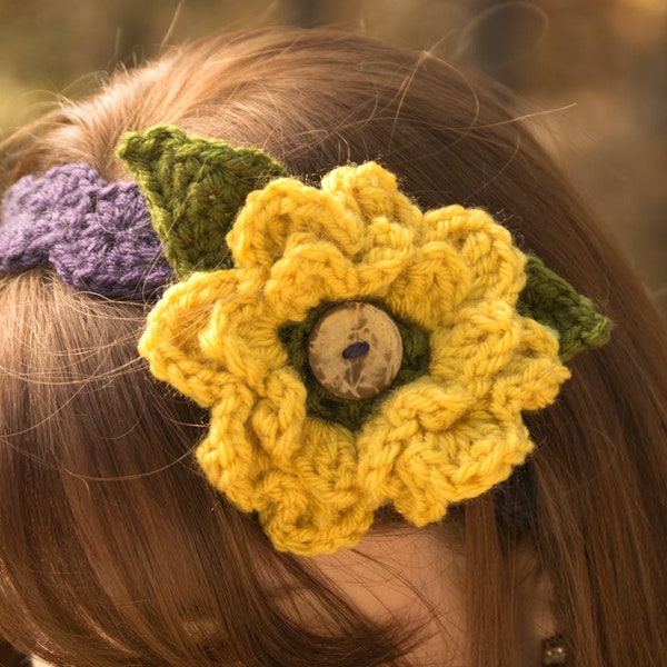 Large Crochet Flower with Button Hole or Brooch Pin - Removable 3D Hat Flower with Green Stalks or Leaves