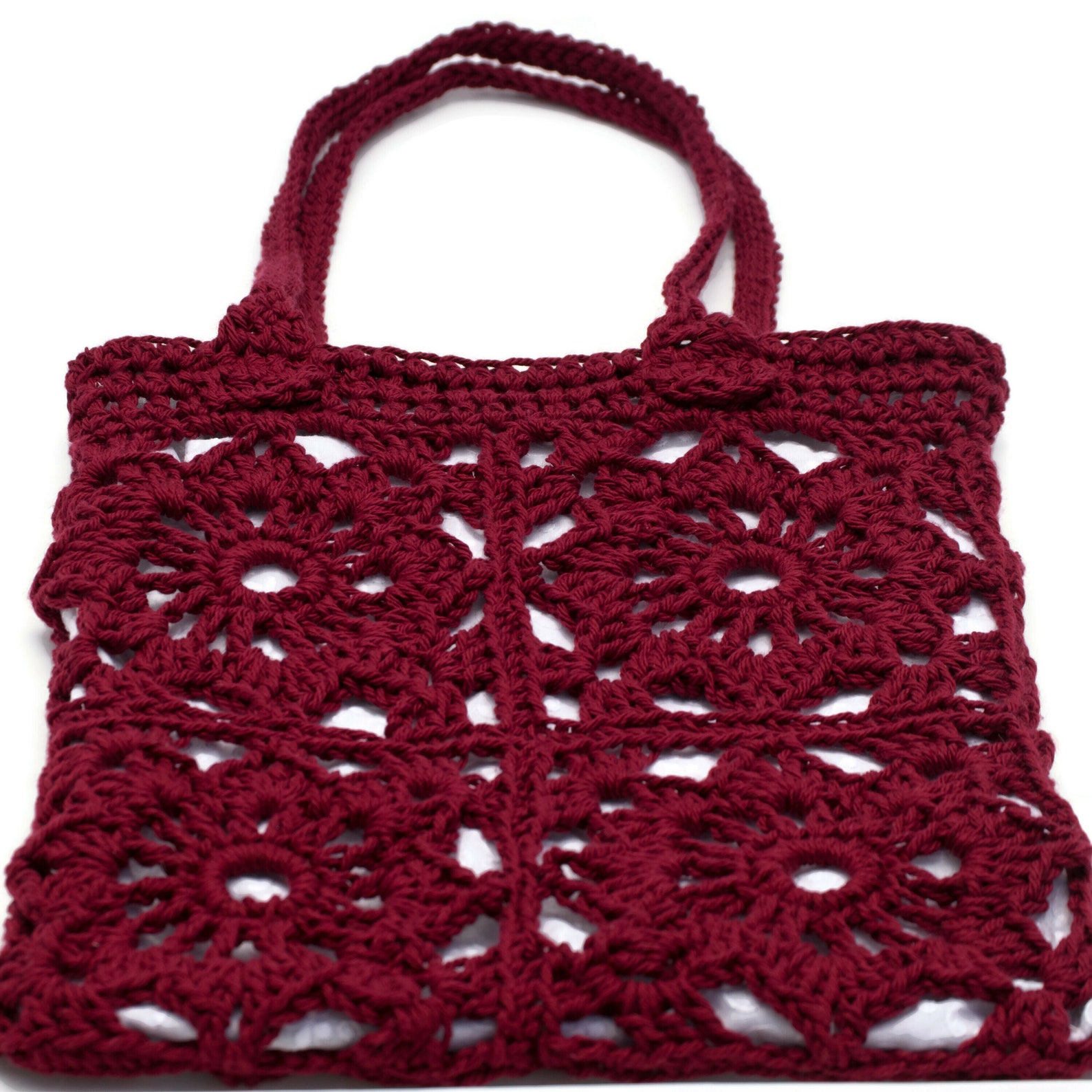 Small Red Shoulder Bag Dark Red Crocheted Tote W/ White Etsy