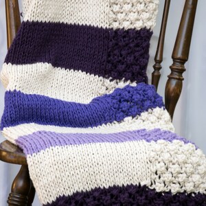 Purple Striped Blanket: Hand Knit, Non-Wool Afghan, Winter Gift image 8