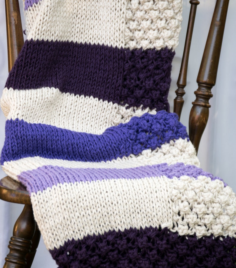 Purple Striped Blanket: Hand Knit, Non-Wool Afghan, Winter Gift image 8