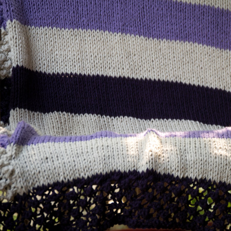 Purple Striped Blanket: Hand Knit, Non-Wool Afghan, Winter Gift image 7