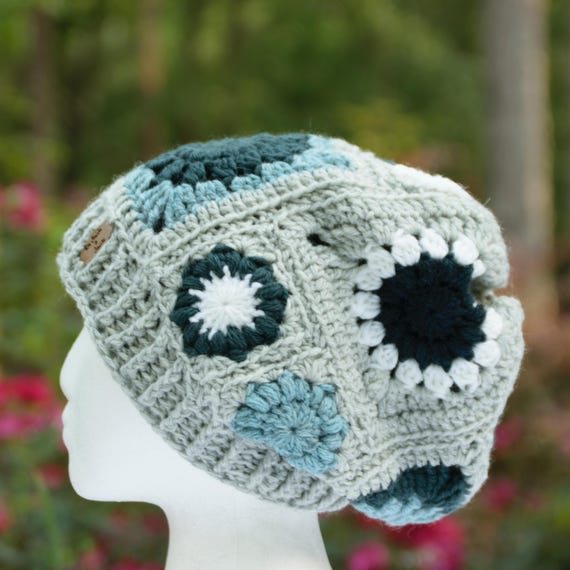 Satin Lined Wool Hat, Winter Crochet Beanie in Blue Gray Granny