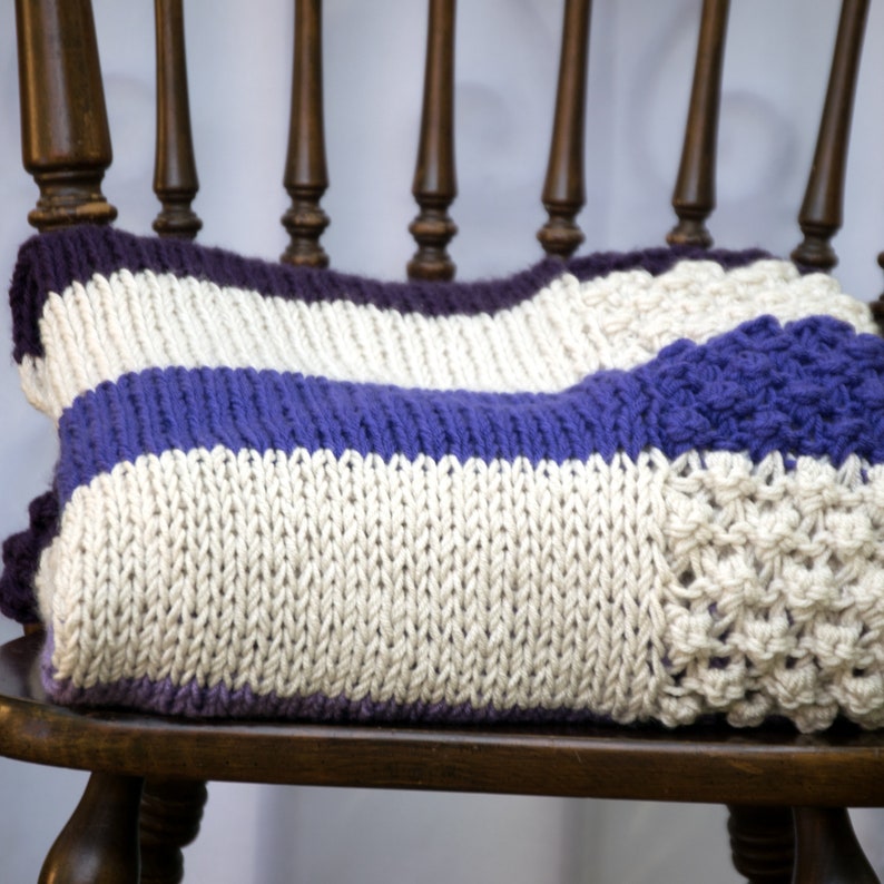 Purple Striped Blanket: Hand Knit, Non-Wool Afghan, Winter Gift image 5