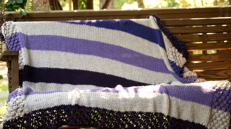 Purple Striped Blanket: Hand Knit, Non-Wool Afghan, Winter Gift image 2