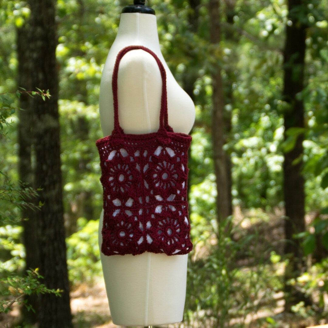 Small Red Shoulder Bag Dark Red Crocheted Tote W/ White Etsy
