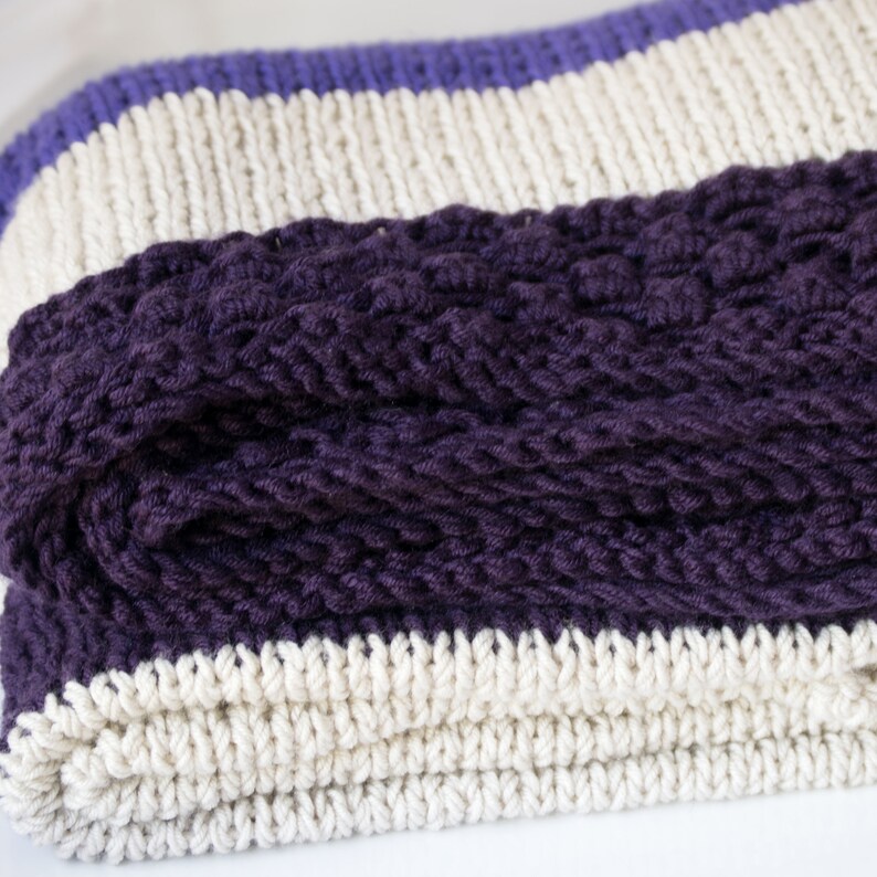 Purple Striped Blanket: Hand Knit, Non-Wool Afghan, Winter Gift image 4