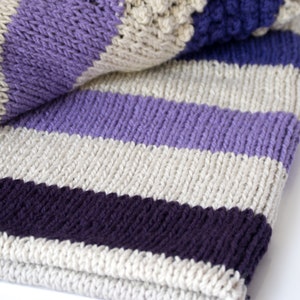 Purple Striped Blanket: Hand Knit, Non-Wool Afghan, Winter Gift image 3