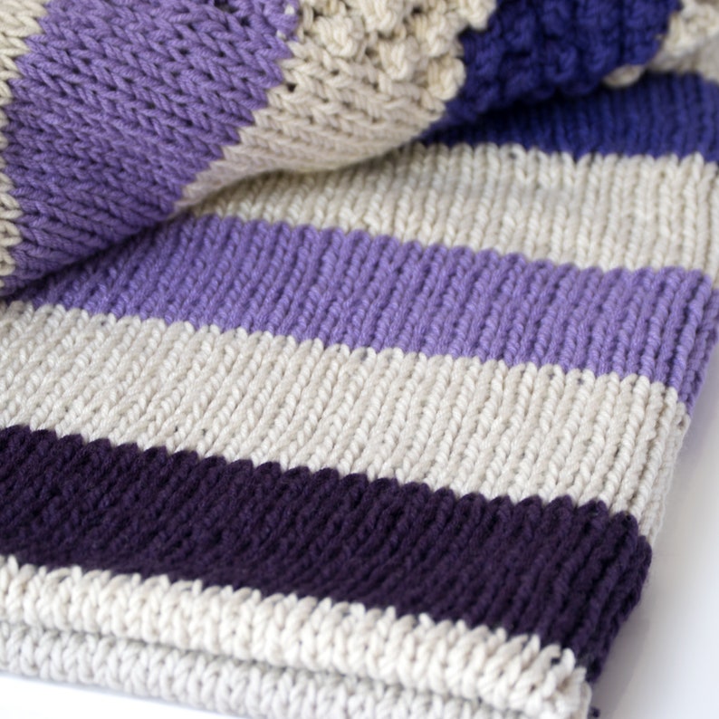 Purple Striped Blanket: Hand Knit, Non-Wool Afghan, Winter Gift image 3