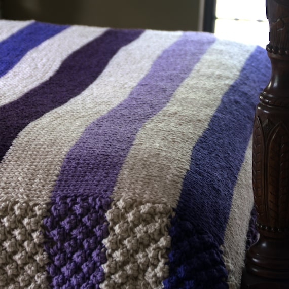 Purple Striped Blanket: Hand Knit, Non-Wool Afghan, Winter Gift