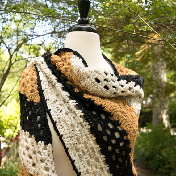 Handmade Crochet Shawl in Light Brown, Tweed and Sparkle Black