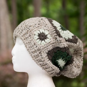 Satin Lined Patchwork Hat: Slouchy Wool Beanie in Brown and Green