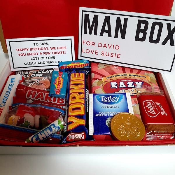 Man Box - Hug In A Box Gift Mini Hamper - Friend / Dad / Son Gift Thinking of you Letterbox gift - Men's Treat box