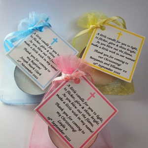 15 x Personalised Christening / Baptism / First Holy Communion candle favours  - keepsake / tealights