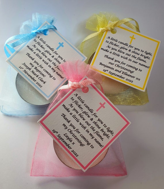 20 Christening Day DIY Organza bag Candle & Personalised Tag Favours with photo 