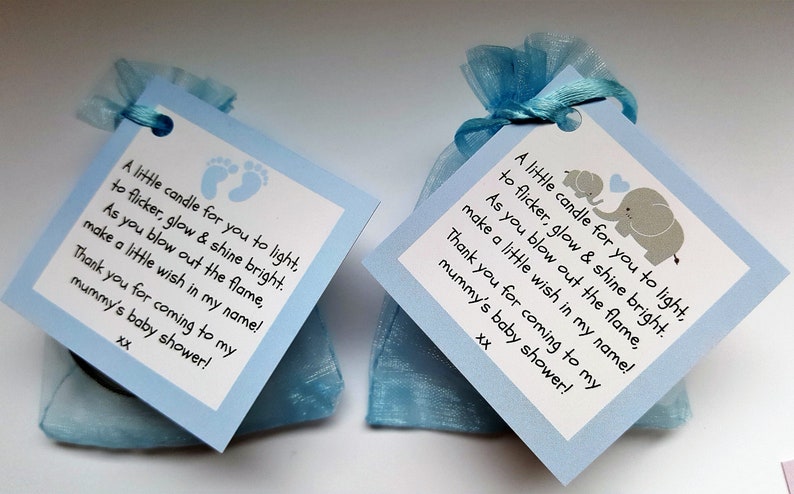 10 X BABY SHOWER Vanilla Tealight favours Blue. Pink or Yellow. Guest thank you gifts. Blue