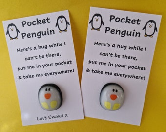 Taschen-Umarmung, Taschen-Pinguin | Geschenk für Ihn Freund Geschenk | Letterbox Umarmung | Geschmolzenes Glas | personalisiert | Andenken | Aufmunterungsgeschenk