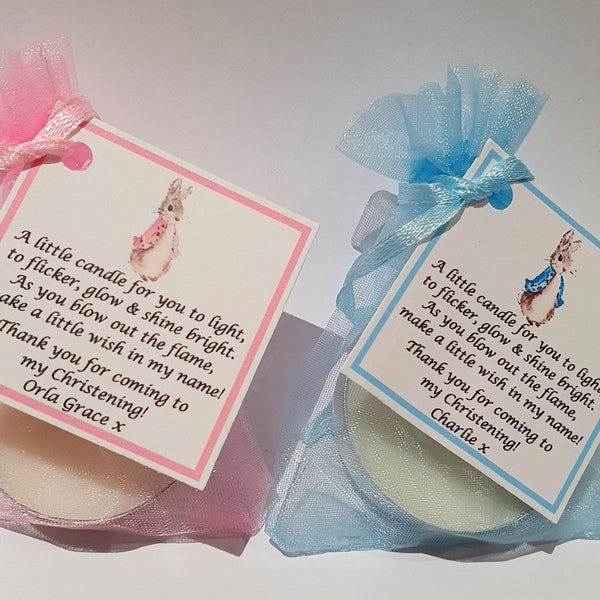 15 x Personalised Christening / Baptism / First Holy Communion candle favours  - keepsake / tealights / Peter Rabbit / Flopsy Bunny