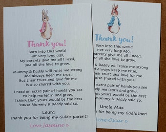 Peter Rabbit THANK YOU for being my Godparent / Godmother/ Godfather/ Guide parents card / Flopsy Bunny card