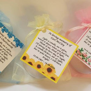 10 x Personalised candle favour memorial funeral keepsake -memory bereavement flowers