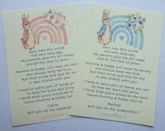 Peter Rabbit Will you be my Godparent / Godmother/ Godfather/ Guide parents card - Flopsy bunny rainbow