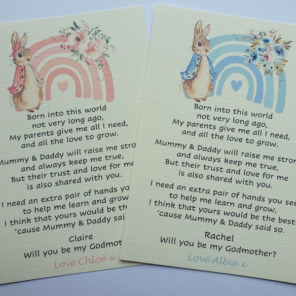 Peter Rabbit Will you be my Godparent / Godmother/ Godfather/ Guide parents card - Flopsy bunny rainbow