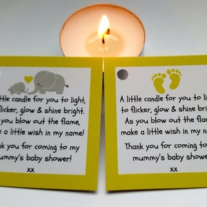 10 X BABY SHOWER Vanilla Tealight favours Blue. Pink or Yellow. Guest thank you gifts. Yellow