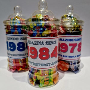 Personalisiertes Geburtstagsgeschenk - gefüllte Süßigkeiten / Schokoladenglas - Geburtsjahr / Geburtstagsgeschenk / 30. / 40. / 50. / 60