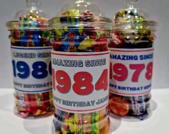 Personalised Birthday Gift - filled Sweets / Chocolate jar - year I was born / year gift / year of birth gift / 30th / 40th / 50th / 60th