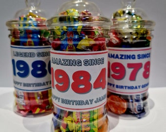 Regalo de cumpleaños personalizado - Tarro de dulces / chocolate lleno - año de nacimiento / regalo de año / regalo de año de nacimiento / 30 / 40 / 50 / 60