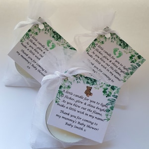 10 bomboniere per candele botaniche personalizzate per baby shower - ricordo / lumini / floreale / verde