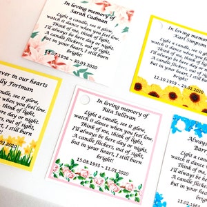 Etichette/cartellini commemorativi/funerali personalizzati per candele, ricordi, fiori per lutto