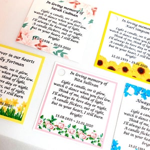 Personalised candle favour memorial  / funeral labels / tags - keepsake -memory bereavement flowers